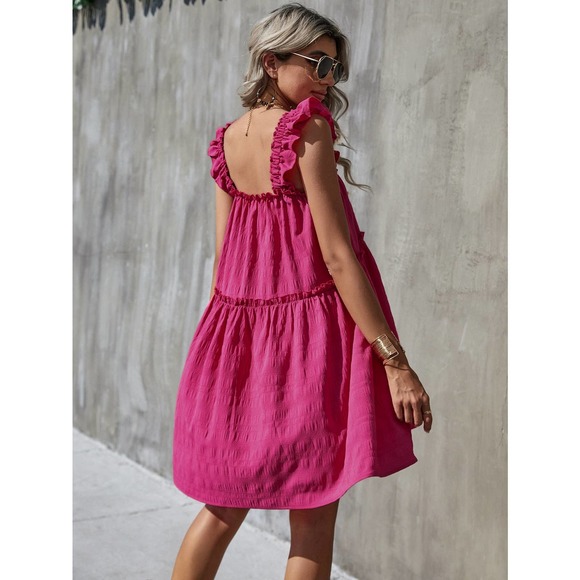 Boho Frill Trim Ruffle Hem square neck Dress red - Picture 5 of 7